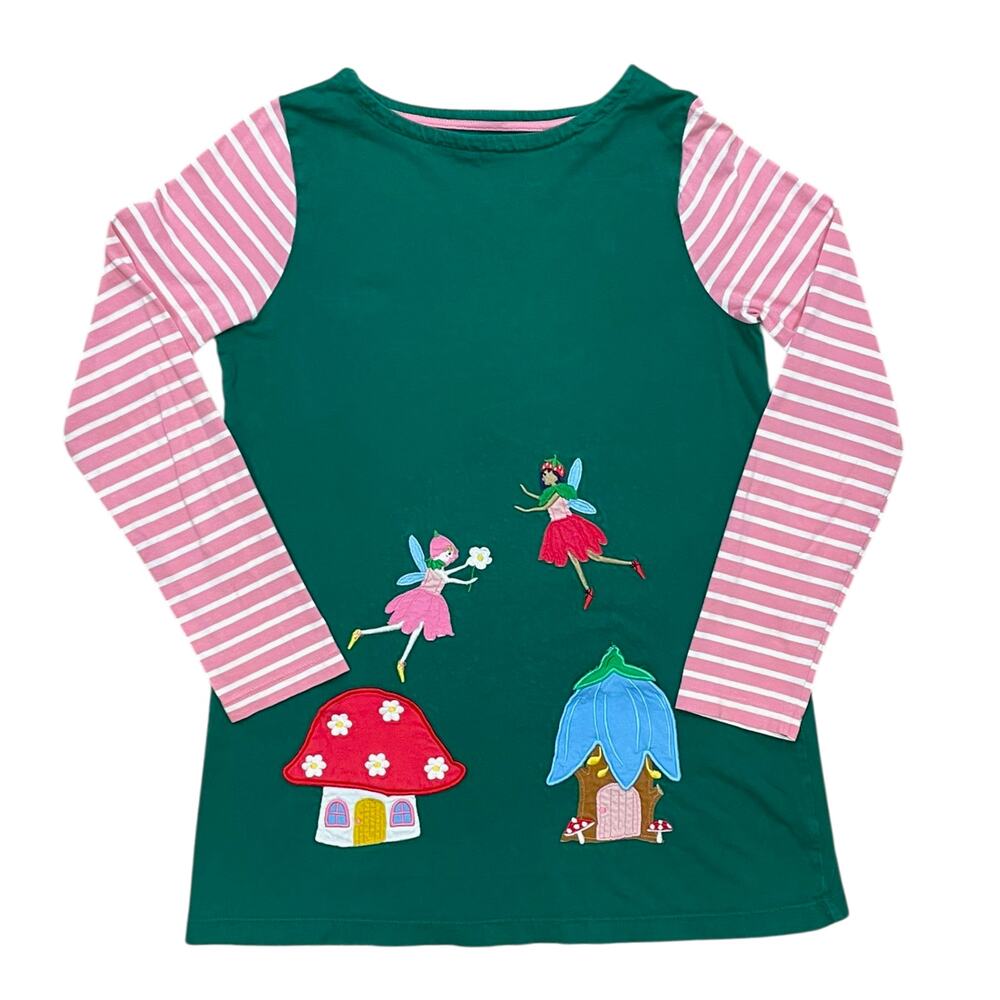 Mini Boden Kids Fairy Mushroom House Appliqué Long Sleeve Tunic Top Green 11-12Y